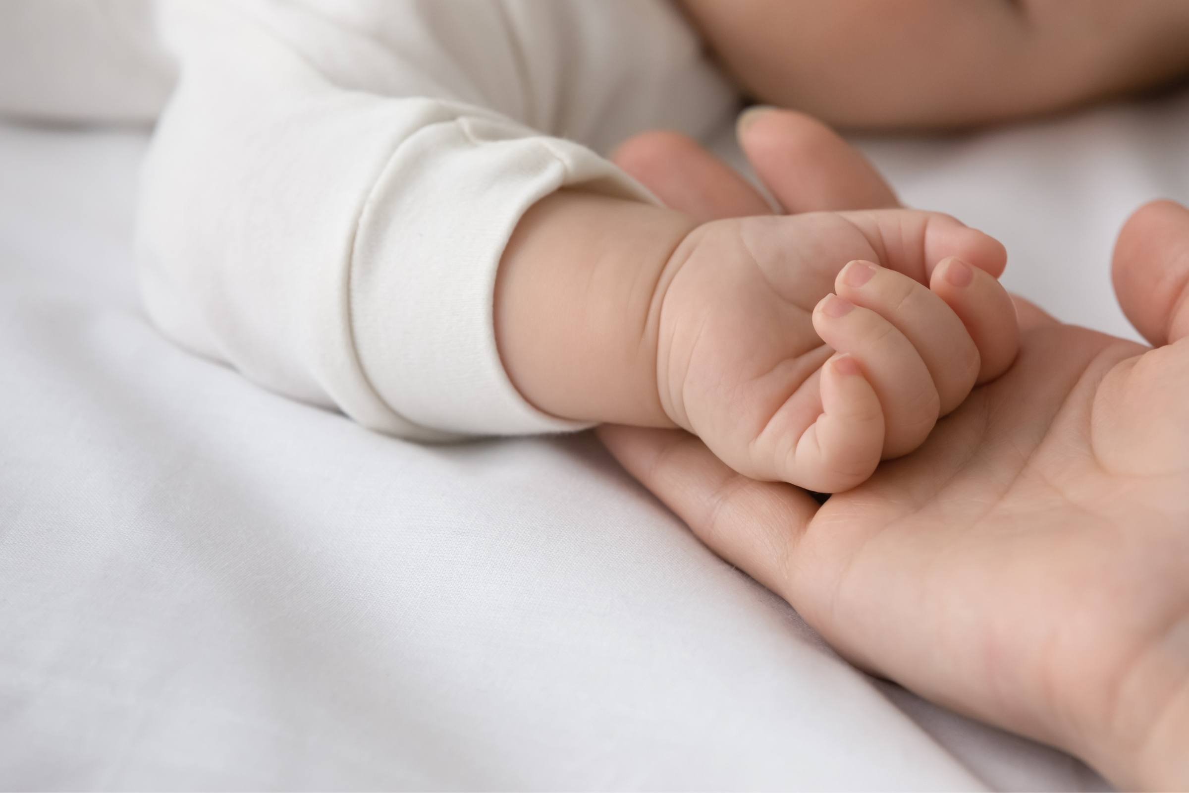 A parent holding their newborn's hand